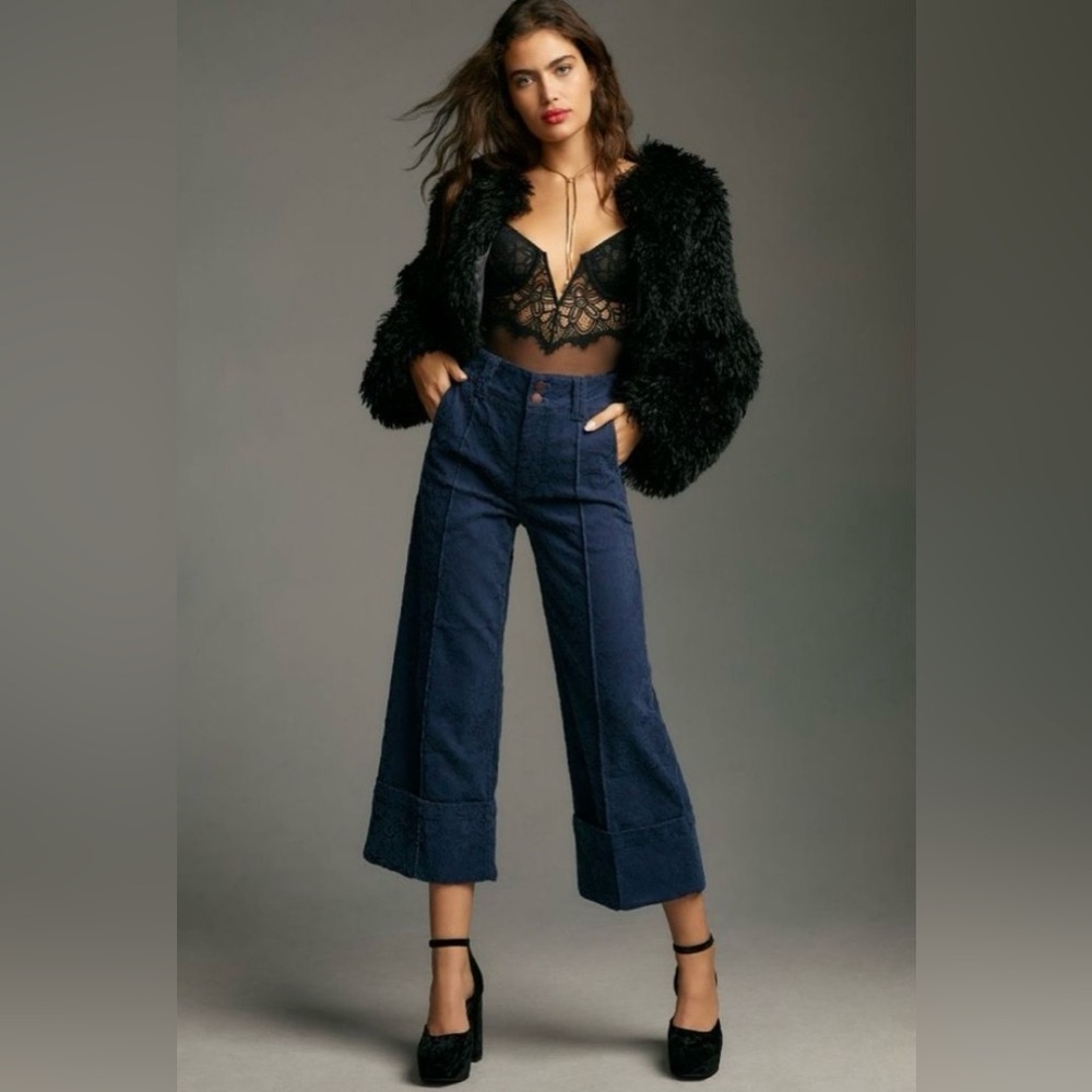 NWT ANTHROPOLOGIE Pilcro Navy Lennox Cuffed Wide-Leg Pants size 26P 27P